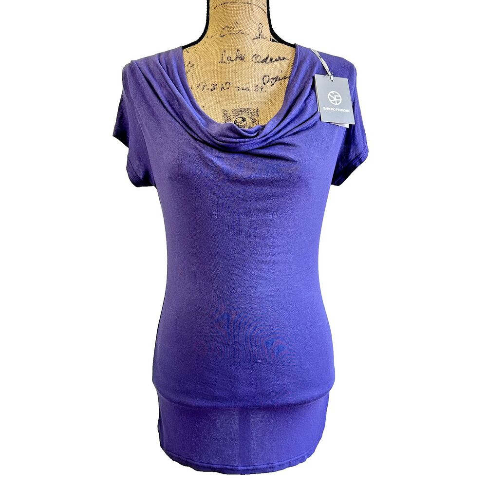New SANDRO FERRONE Womens Purple Cowl Neck Tee-Shirt Soft Top Sz M Made in Italy - Picture 3 of 10